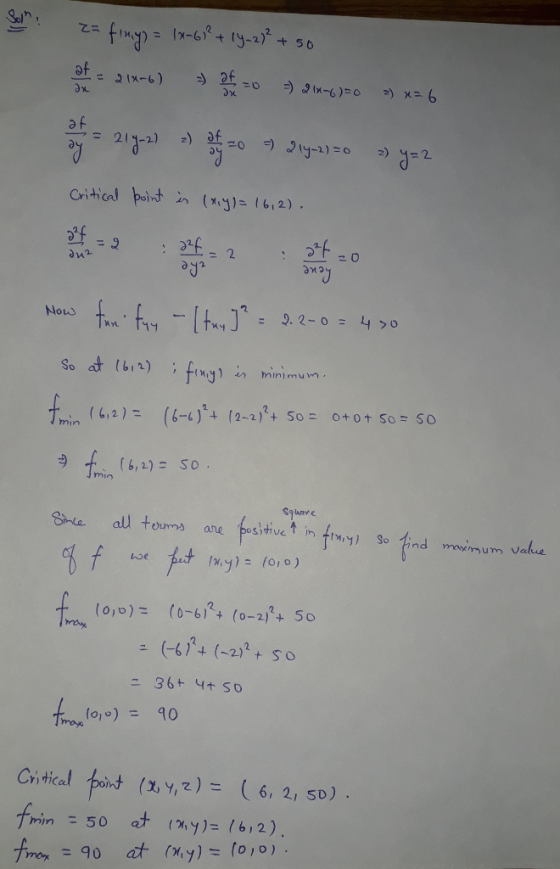 za finy) = (x-61² + 14-23² + so at 2 2 1x-6) = of 20 - 214-670 ) x = 6 ay = 27.a) - 914-2)=0 >> y=2 Critical point is lay)= 1