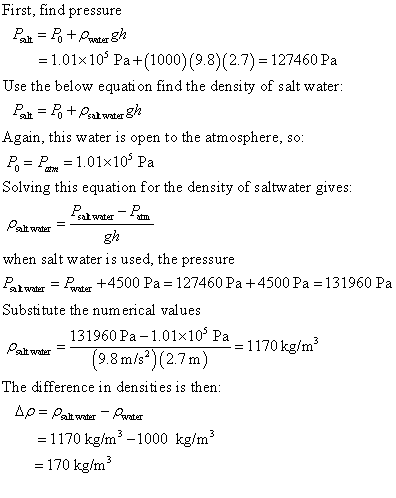 First, find pressure 1.01x10 Pa (1000) (9.8) (2.7) 127460 Pa Use the below equati on find the density of salt water ataater A