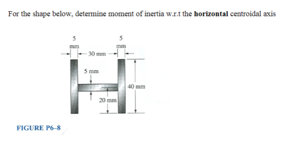 For the shape below, determine moment of inertia w.r.t the horizontal centroidal axis 30 mm 5 mm 40 mm 20 mm FIGURE P6-8