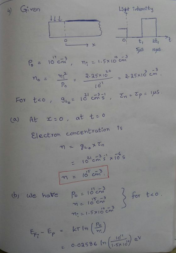 x=0 at t=0 4) Given Light intensity T ti 7 X at, Tous Sus 10 cm no = 1.5x100 ci 1 Po = 10cm no² no = Po 20 2.25x10 = 2.25x10