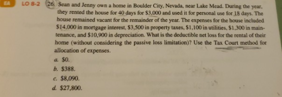 LO 8- 2 26. Sean and Jenny own a home in Boulder City, Nevada, near Lake Mead. During the year, they rented the house for 40
