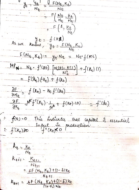 Yt! _U FLNG, Kt) NE Nt :- . . 1 . As we know, yo = F (NO, KL) FINE, Kt)is. yt: Nt = Ntfert) _ Mp pat N4 • f(RE) [NCO)- K41))