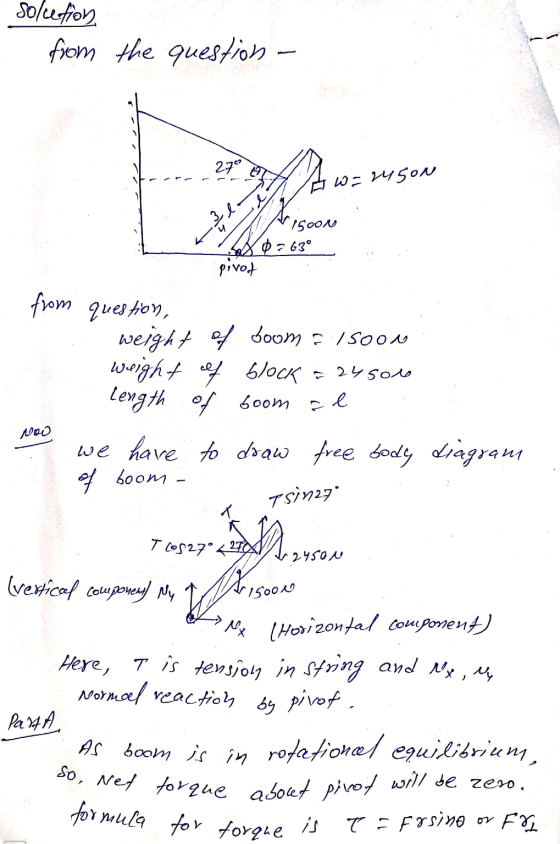sollection from the question - to Zw=245oN 34 Prsoon ISOON LNO 63°_ Pivot from question, weight of boom & 15oon weight of blo