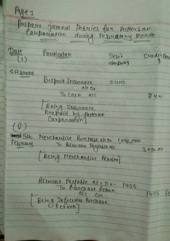 Page 1 forebare javnal Intervies for Petterton Carparation . during Date Particular Debit credit Ama Camount $ 1 febrway Prep