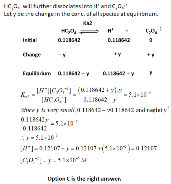 HC204 will further dissociates into H* and C204 Let y be the change in the conc. of all species at equilibrium. Ка2 -2 С,04 H