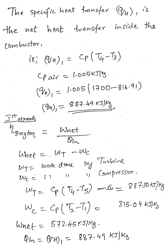 . The specific heat transfer (@H), is the net heat transfer inside the combustor, ie; (WH), = cp ( Tex-T3) cpair = 1.00565/29