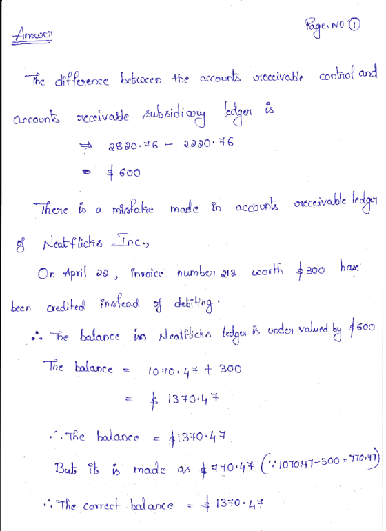 Answers Page: No 0 control and The difference between the accounts Oreccivable accounts seceivable subsidiary ledger is 2820.