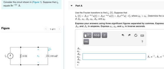 Consider the circuit shown in (Figure 1). Suppose that ig equals 9e-5 A. Part A Use the Fourier transform to find i, (t). Sup