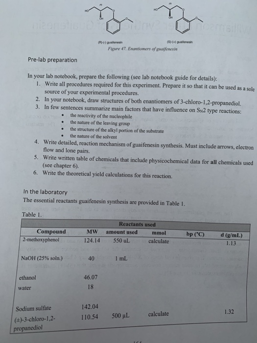 mond (6) gullenesin (SH. Quienesh Figure 47. Enantiomers of guaifenesin Pre-lab preparation . In your lab notebook, prepare t