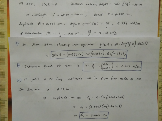 At χ=o , y(n, t)-o Distance between adjacent roda (%) = 20 cm , amplitude A = 0.550 cm、 angular speed (w) = 2: 9.534 rad/sec