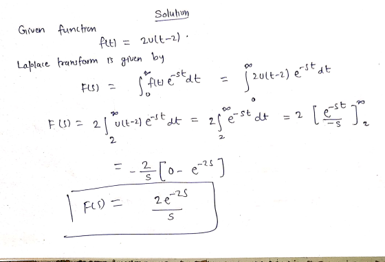 Solution Given function fet) = zult-2) Laplace transform is given by -st FLs) = 20(+-2) estat st 2 - F (3) = 2 at est 2 1 ult