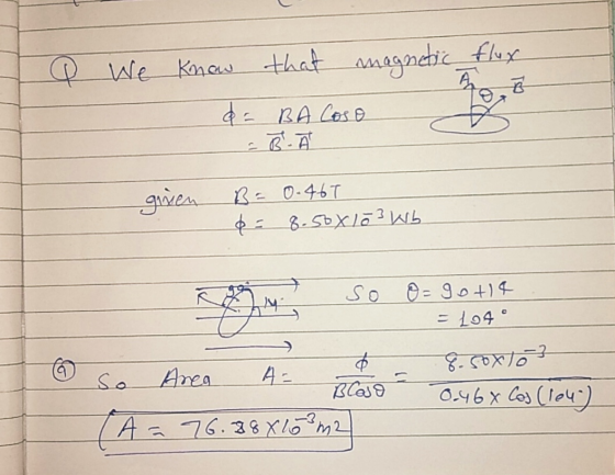 flux IQ We know that magnetic da BA Coso BÀ ginen B= 0.467 d = 8.50x10 3 Wb so o=90414 = Logº 8.50x103 so Area A= . Bloso (A=
