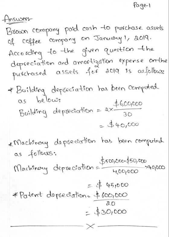 Page 1 Answer: Brown company paid cash to purchase assets of coffee company on January 1, 2019. According to the given questi