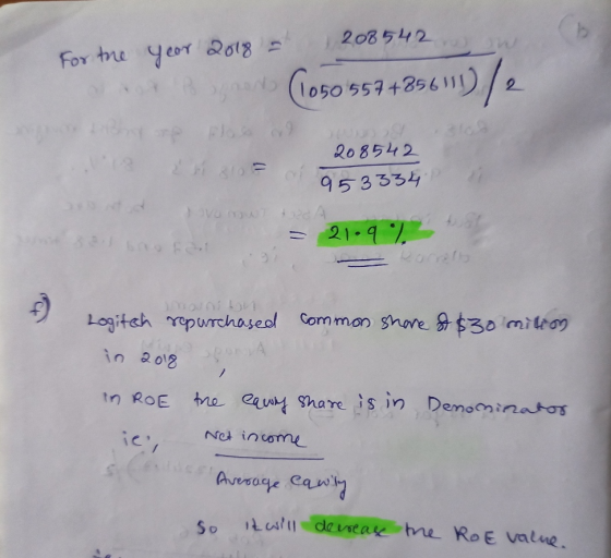 208542 For the year 2018 - (1050554485611) / 208542 953334 lovoron & = 21.9% Rorreth Logitech repurchased common share $30 mi