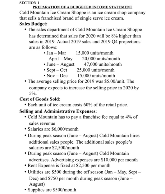 SECTION 1 PREPARATION OF A BUDGETED INCOME STATEMENT Cold Mountain Ice Cream Shoppe is an ice cream shop company that sells a