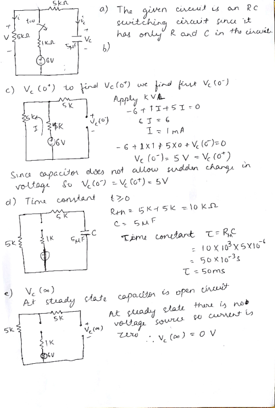 SKn a) The gien circut is pvitehing has ony R and Cin tho ciruit. an Rc cirait unu it v 35kn १। k_ Vc GU c) Vc Co)o inal Vc (