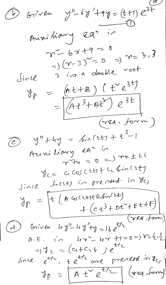 Given yl_bytay=(tt) est Auxiliary ean in = Since Yp sur 68+9 - 0 =) (2-3)~=0 =) Y= 3,3 3 is a double root At+B) ( #e3ty ) =