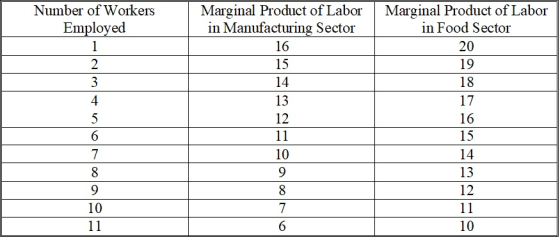 Marginal Product of Labor in Manufacturing Sector Marginal Product of Labor in Food Sector Number of Workers Employed 20 1 16