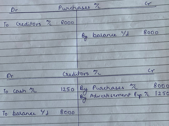 Cr Punchases 7 Dr 2000 Creditors To 8000 Bbalance Y Cr Craditors 7 Dr bale 1250 y Purchases Adrertisement Exp To Cash 7 1250