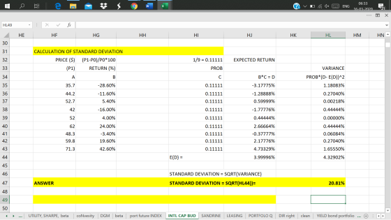 v O a 1x 2 ENG 06:33 16-03-2020 ... o X HL49 X fic HE HE HG HH НІ Н HK HL HM HN - 1/9 = 0.11111 EXPECTED RETURN PROB VARIANCE