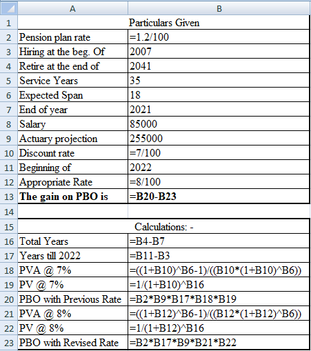 1 Particulars Given =1.2/100 2007 2041 18 2 Pension plan rate 3 Hiring at the beg. Of 4 Retire at the end of 5 Service Years