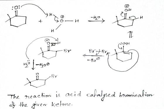 :0: Đ OH tho H + H g H 1 el OH Br Br Bro -Bro mö 1-400 Br acid catalysed bromination The reaction is ac of the given ketone.