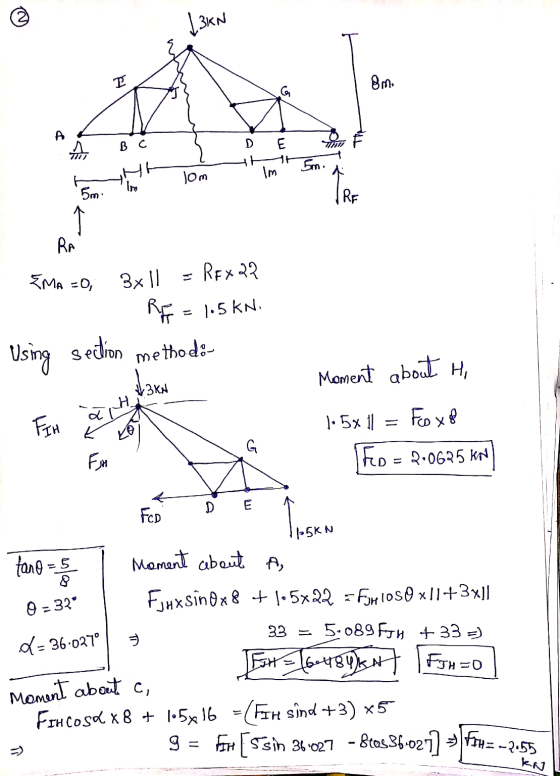 | 3kN I 8m. A в с D 4 E 7777 5m. Jom Im ㅏ 5m. Im RE 了 RA REX 22 EMA =0, 3x11 RE = 1:5 KN. Using s section method: Moment abou
