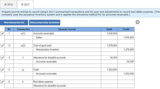 JE 2016 JE 2017 Prepare journal entries to record Liangs 2017 summarized transactions and its year-end adjustments to record