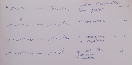 on Produces thus go carlocation fastest 2° carbocation 10 not carbocation very slable - 3 a Br spt carbocation jeat again un