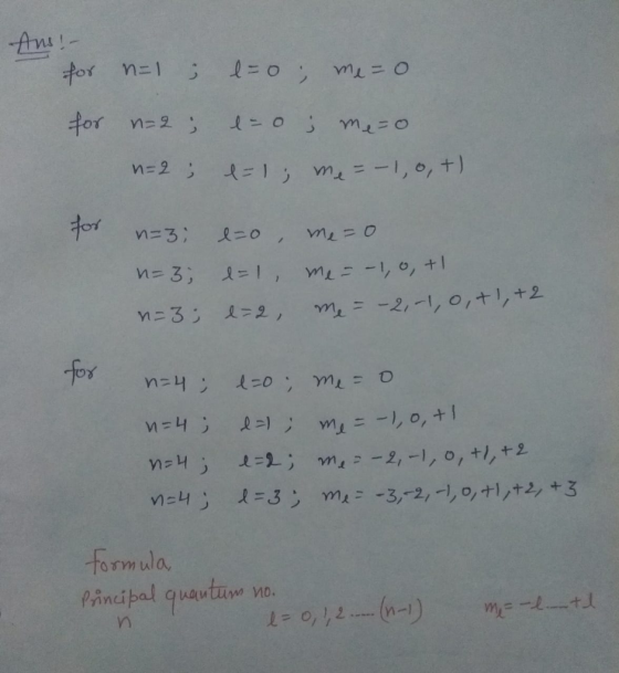 Ans! - for n=1 ; e=0; me =0 for n=2; n=2; e=0; mezo e = 1; me =-1,0,+) for n=3; n=3; n=3; 1=0 1=1, 1=2, me=0 me = -1, 0, +1 m