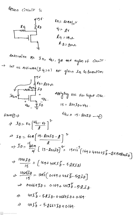 Determine the In, Nias, am and Given circuit is glov Kn= 60mAlva RG ERD Nta av Rą=1mm RD-2001 of cruit: 个 regin let us assume