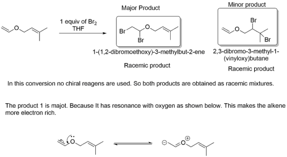 Minor product Major Product 1 equiv of Bra THF Vov Bryny Br 1-(1,2-dibromoethoxy)-3-methylbut-2-ene 2,3-dibromo-3-methyl-1- (