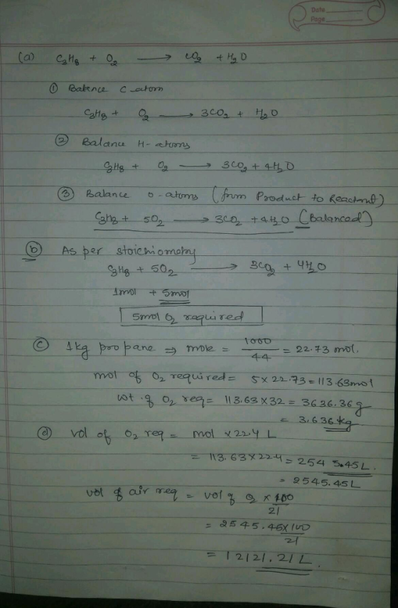 Date Pag a) ーラ 0 eaktnce Co ② ealance H..ctrons Balance o -atoms O As per stoichiomarm 4- rvot mol 229L バ3c3y 226254 5.45 L