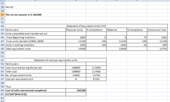 37 38 Part 6) 39 40 The correct answer is $ 200288 41 42 43 Statement of Equivalent Units FIFO Physical Units % Completion Ma