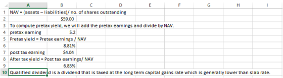 C D 1 NAV (assets liabilities)/no. of shares outstanding A В Е F G н $59.00 2 3 To compute pretax yield, we will add the pret
