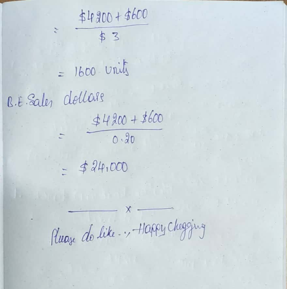 $4200 + $600 $3 = 1600 units B.E. Sales dollars $4200 + $600 0:20 - $24,000 X Pluaye do like - -, -trappy Chugging