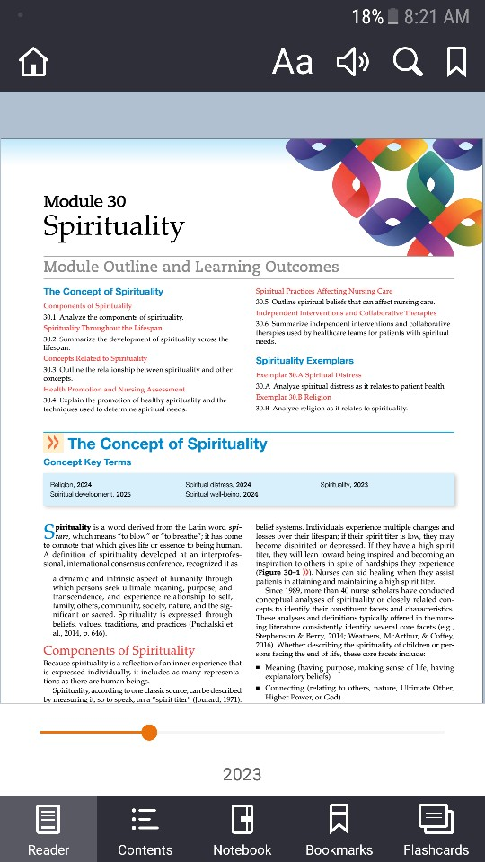 18% _ 8:21 AM Аа к» ап Module 30 Spirituality Module Outline and Learning Outcomes Spiritual Practices Affecting Nursing Care