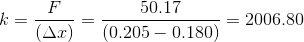 k= \frac{F}{(\Delta x)}= \frac{50.17}{(0.205-0.180)}= 2006.80