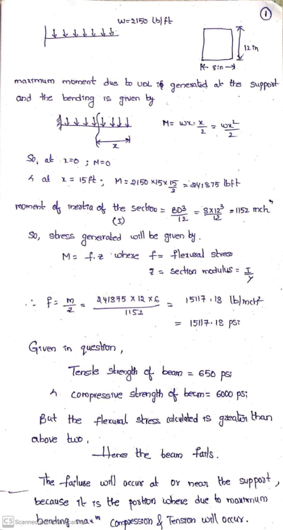 W=2150 lbfE ܝܠ ܝܐ ܝܠ ܀ 4 12 in K sin marimum moment due to vol in generated at the support and the bending is given by 쓸 feel