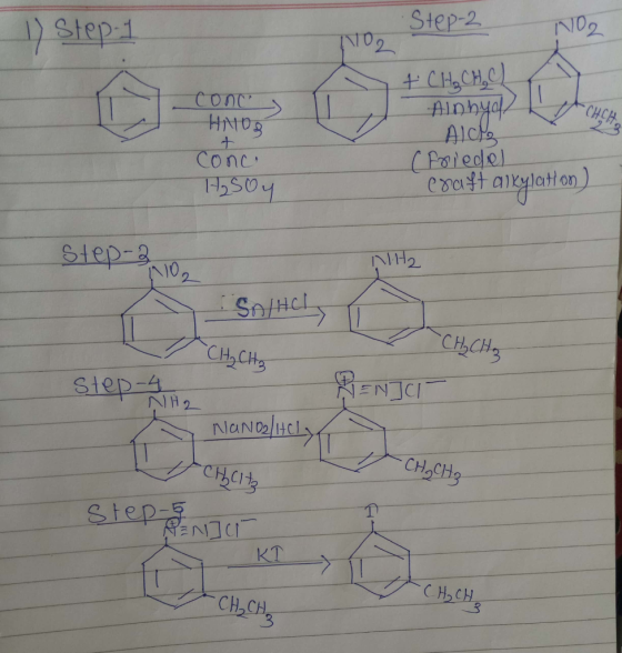 1) Step-1 conc HINOS Step-2 NO2 + CH₃ CH₂ CL Ainhyd? Alche (Friedel eraft aixylation) Conc H₂SOy 1ep 20, Alta Soltel CH₂CH. S