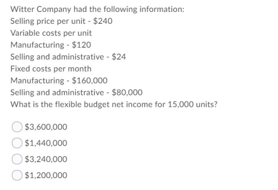 Witter Company had the following information: Selling price per unit $240 Variable costs per unit Manufacturing $120 Selling