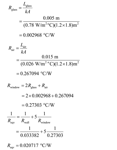 R glass kA glass 0.005 m (0.78 W/m2C)1.2x1.8)m2 0.002968 °C/W Lai kA 0.015 m (0.026 W/m2 C)1.2x1.8)m2 0.267094 °C/W = 2 × 0.0
