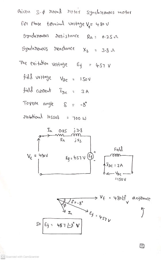 Given 3-6 round rotor synchronous motor Per phase terminal voltage VE 480 synchronous resistance Ra 0.25n Synchronous rendanc