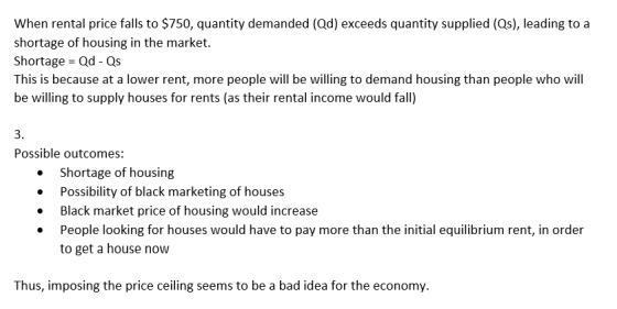 When rental price falls to $750, quantity demanded (Qd) exceeds quantity supplied (Qs), leading to a shortage of housing in t