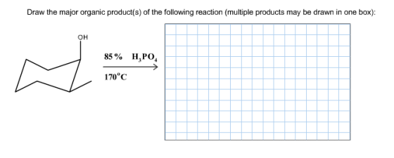 Draw the major organic product(s) of the following reaction multiple products may be drawn in one box): OH 855 H3PO4 170°C