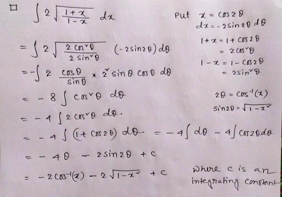 2 Ita da Put I- x 2 2 Coro 2 sinro x = cosao dx=-2sin 20 do 1+2= 1+ COS 20 cosro 1-2 = 1 - CR20 asino (-esinzo) do 2 CBO žsin