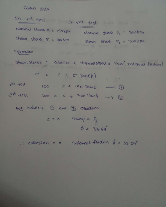 Given data ist test In 2ndtest NoTmar staes 150kpa Noomas stoes G 300kpa Shear stres 100 hpa 200k pa stocs Shear FORmalae coh