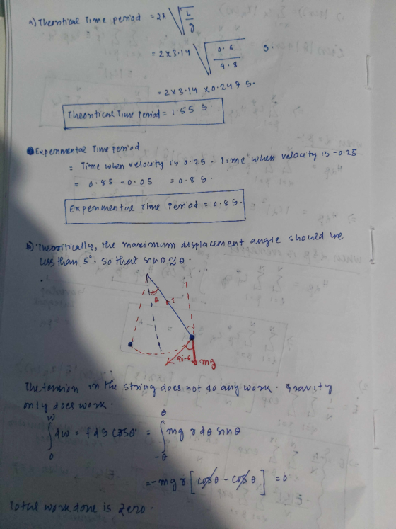 Theontical Time period = 1.55 s. a) Theontical time period =24 20 0.6 s = 2x3.14 9.8 - 2x 3.14 80.247 5. Expenmental Time per