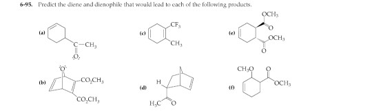 6-95. Predict the diene and dienophik that would lead to each of the following products CFs (al (ci le) CH1 CCH, CH CO.CH, tb