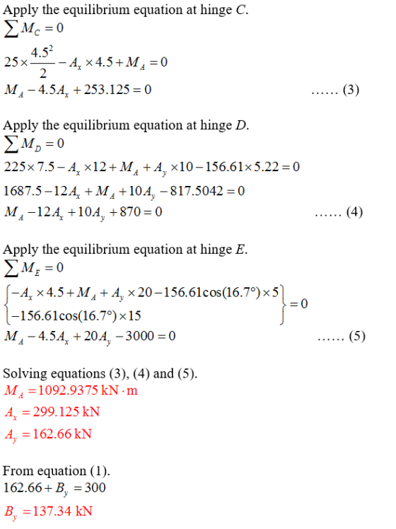 Apply the equilibrium equation at hinge C. 4.5 25x Mi-4.5A_ + 253.125 0 Apply the equilibrium equation at hinge D 2 225x7.5-A